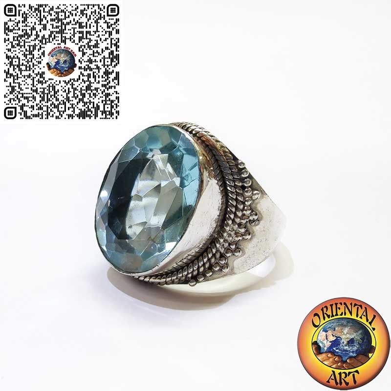 Breiter 925er Silberring mit Ovalem Blauem Topas und Kugelrand