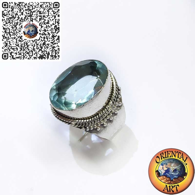 Bague Large en Argent 925 avec Topaze Bleue Ovale et Bordure à Perles