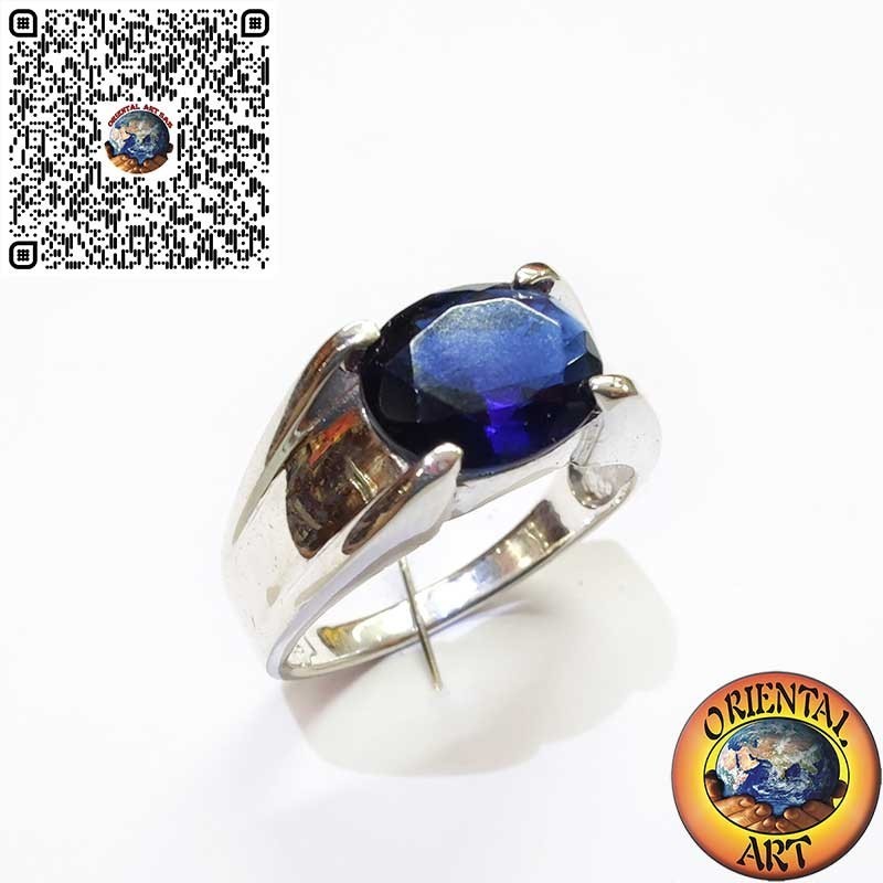 Men’s Sterling Silver Ring with Synthetic Oval Sapphire in Diagonal 4-Prong Setting
