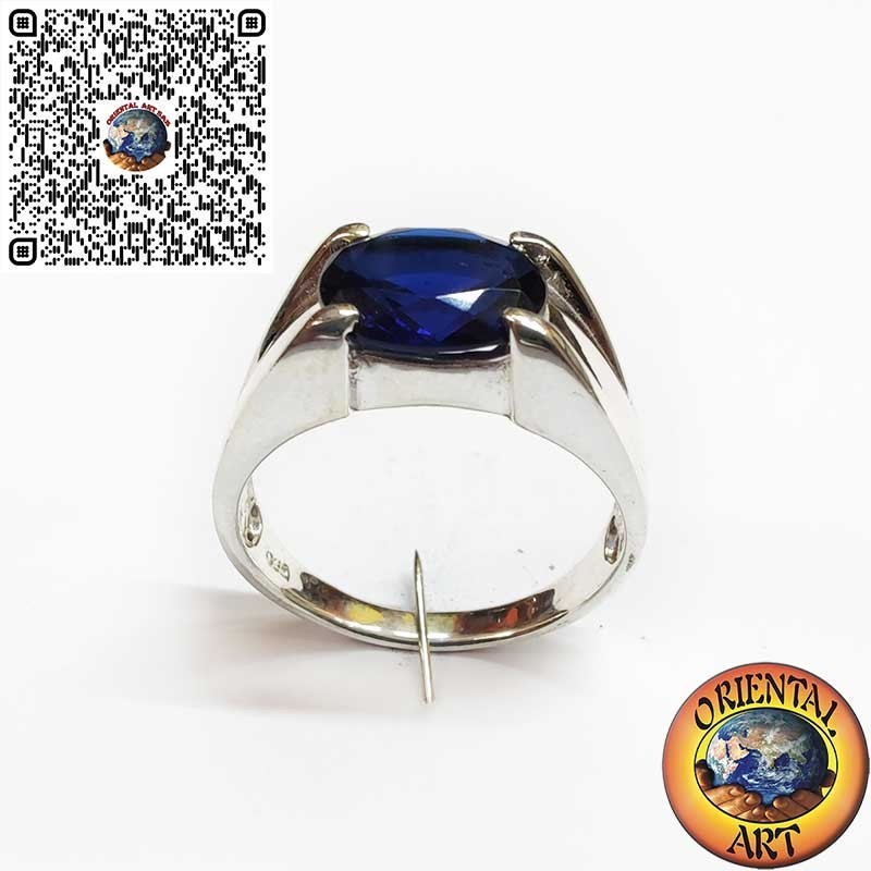 Bague Homme en Argent 925 avec Saphir Synthétique Ovale à 4 Griffes Diagonales