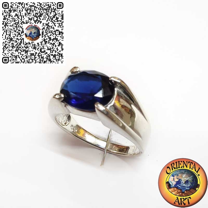Anello da Uomo in Argento 925 con Zaffiro Sintetico Ovale a 4 Griffe Trasversali