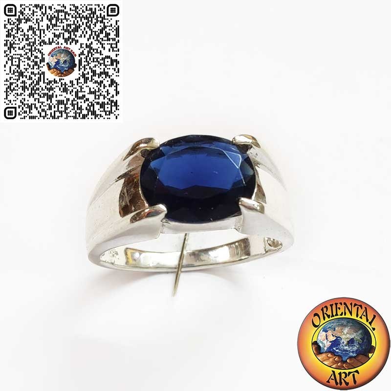 Bague Homme en Argent 925 avec Saphir Synthétique Ovale à 4 Griffes Diagonales