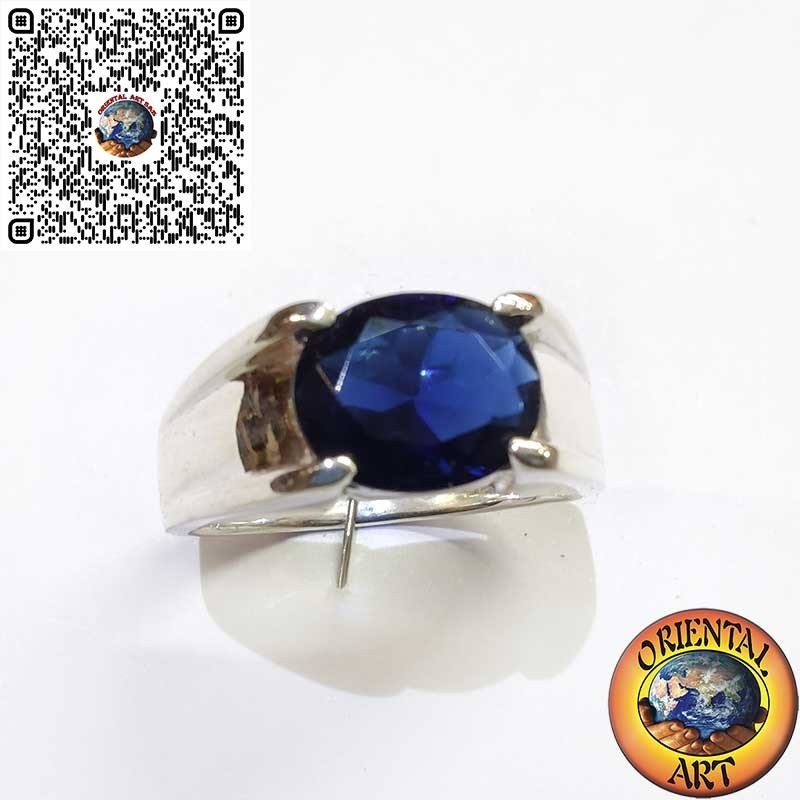 Men’s Sterling Silver Ring with Synthetic Oval Sapphire in Diagonal 4-Prong Setting