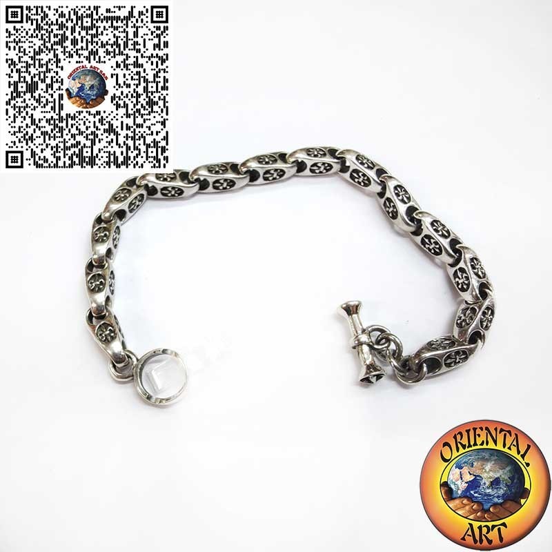 Solid Link Bracelet Lily High Relief 925 Silver 20.5cm | Oriental Art