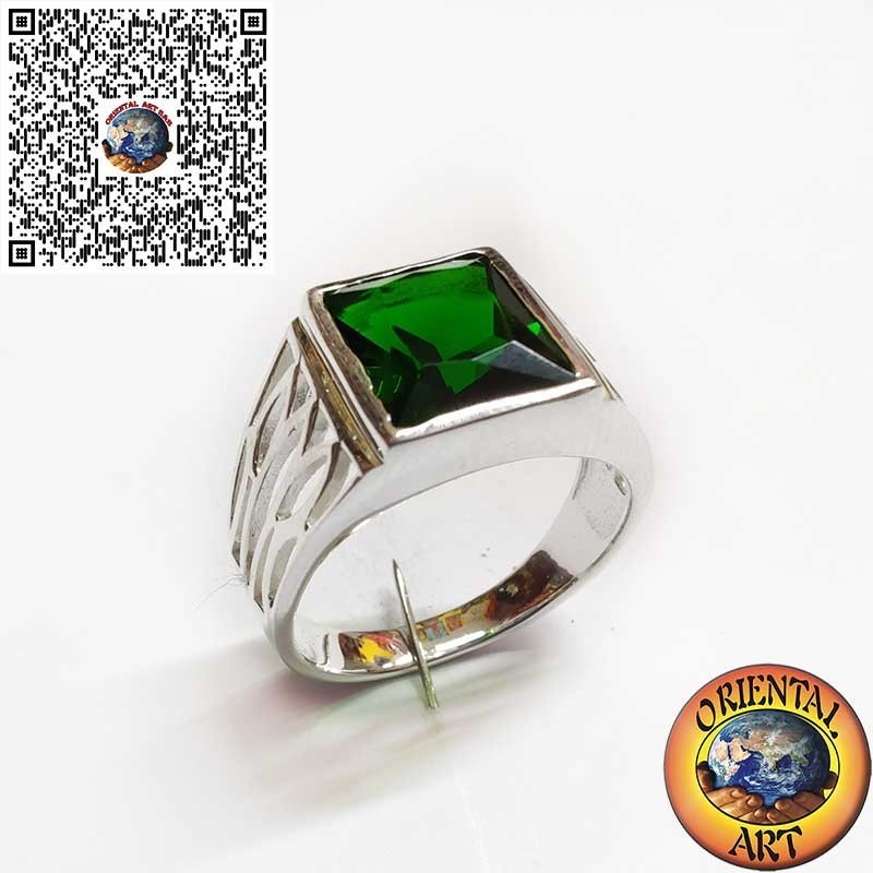 Men’s Sterling Silver 925 Ring with Rectangular Synthetic Emerald – Hand-Carved Sides