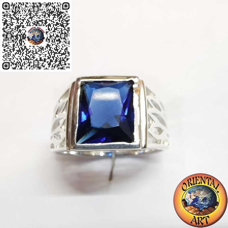 Men’s 925 Sterling Silver Ring with Rectangular Synthetic Sapphire and Handcrafted Engravings
