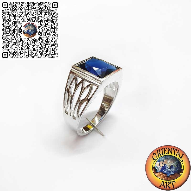 Men’s 925 Sterling Silver Ring with Rectangular Synthetic Sapphire and Handcrafted Engravings