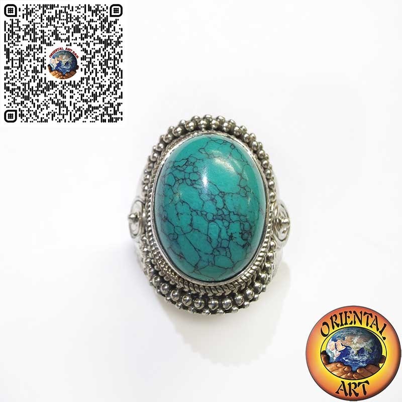 Silberring mit Cabochon-Türkis, verziert mit Verflechtung und Spirale