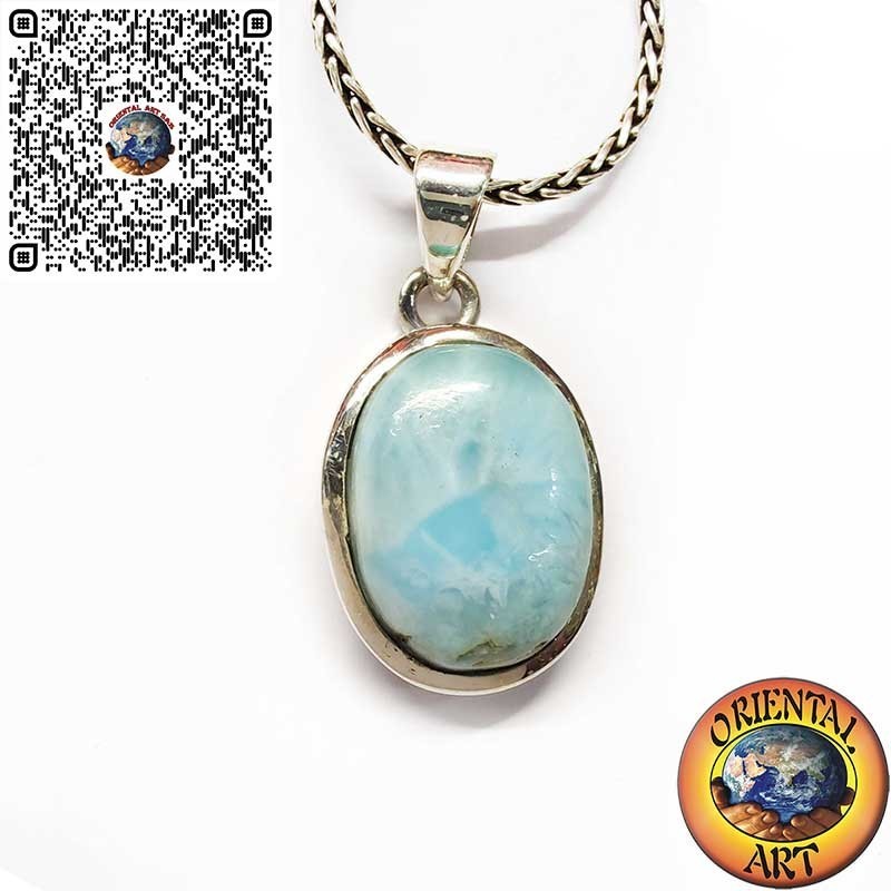 Silberanhänger mit ovalem natürlichem Larimar-Cabochon – Einzigartiger Karibik-Stein