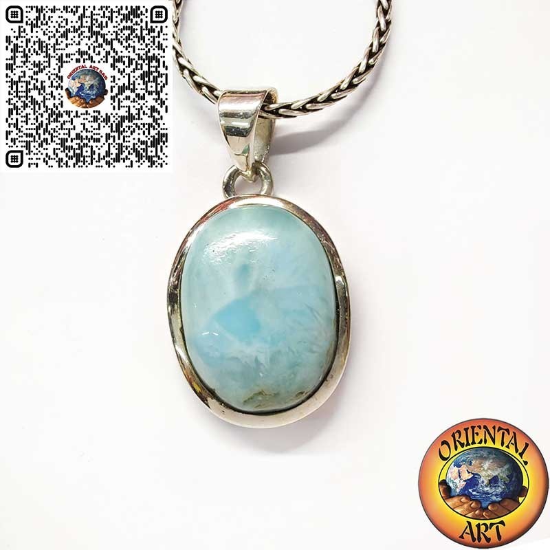 Silver Pendant with Oval Natural Larimar Cabochon – Unique Caribbean Stone
