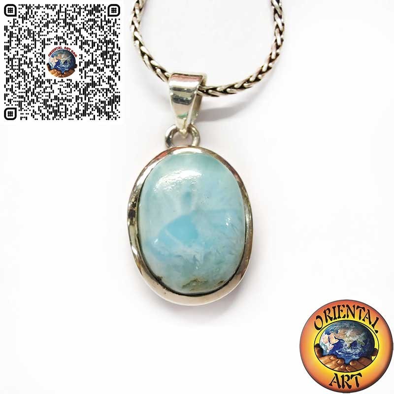 Silberanhänger mit ovalem natürlichem Larimar-Cabochon – Einzigartiger Karibik-Stein