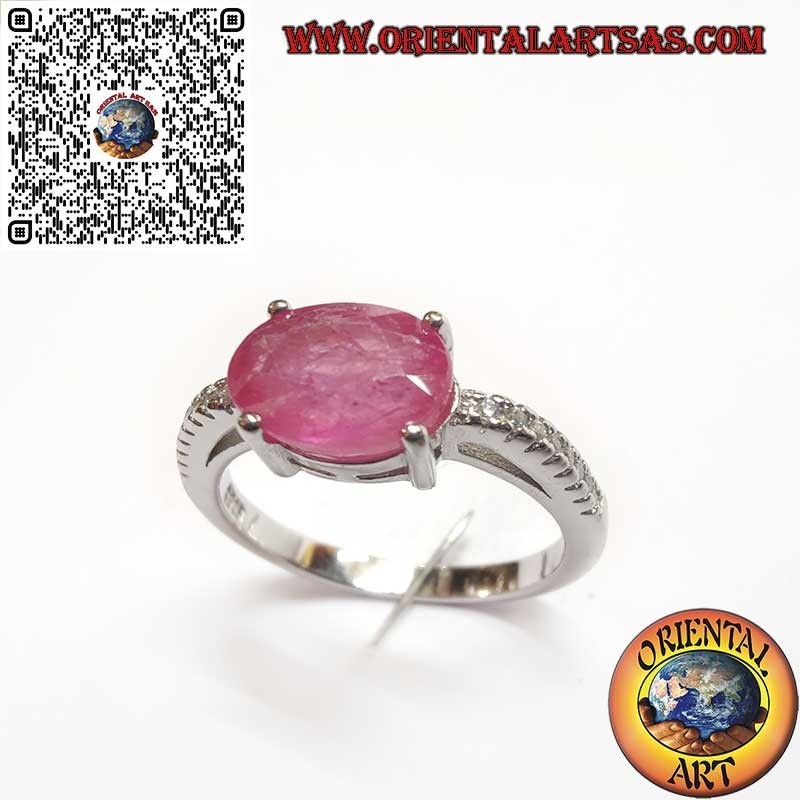 925 Silver Ring with Natural Ruby – Cross Setting and Side Zircons
