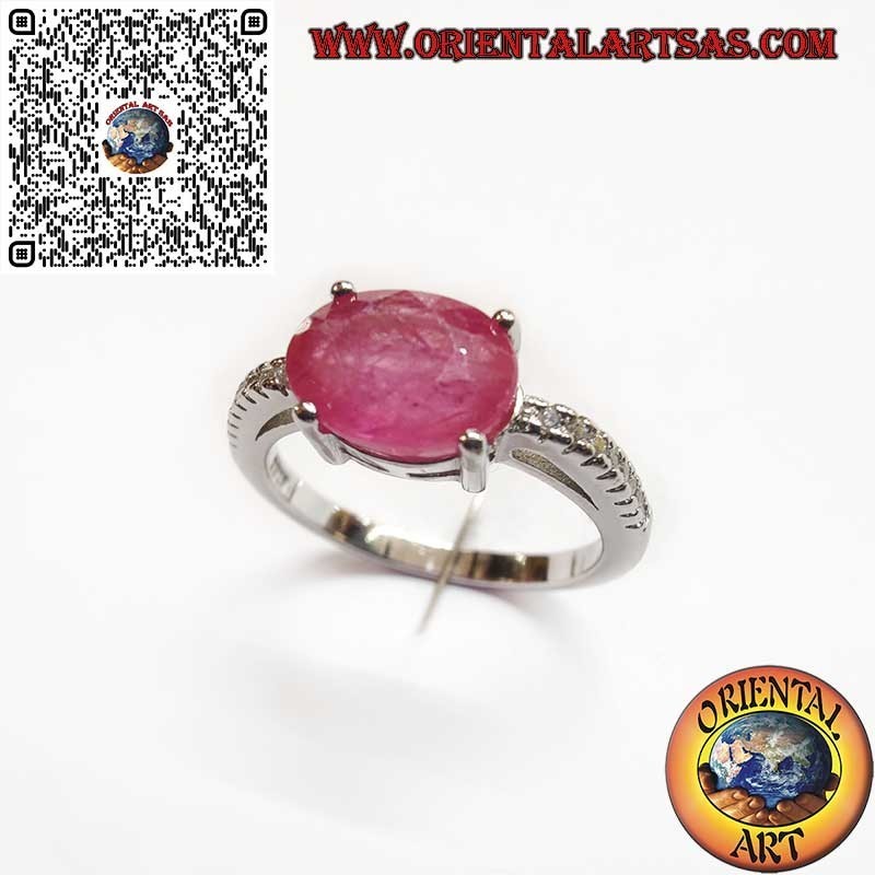 Bague en Argent 925 avec Rubis Naturel Ovale – Monture Croisée et Zircons Latéraux