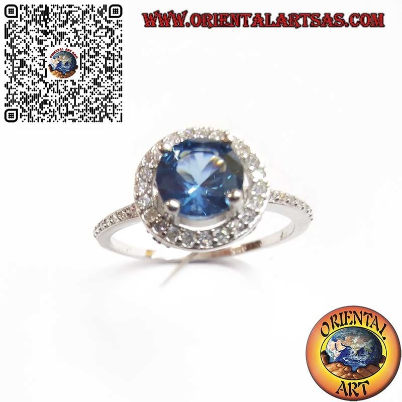 Anello Zaffiro Tondo e Zirconi in Argento 925 - Elegante Classico