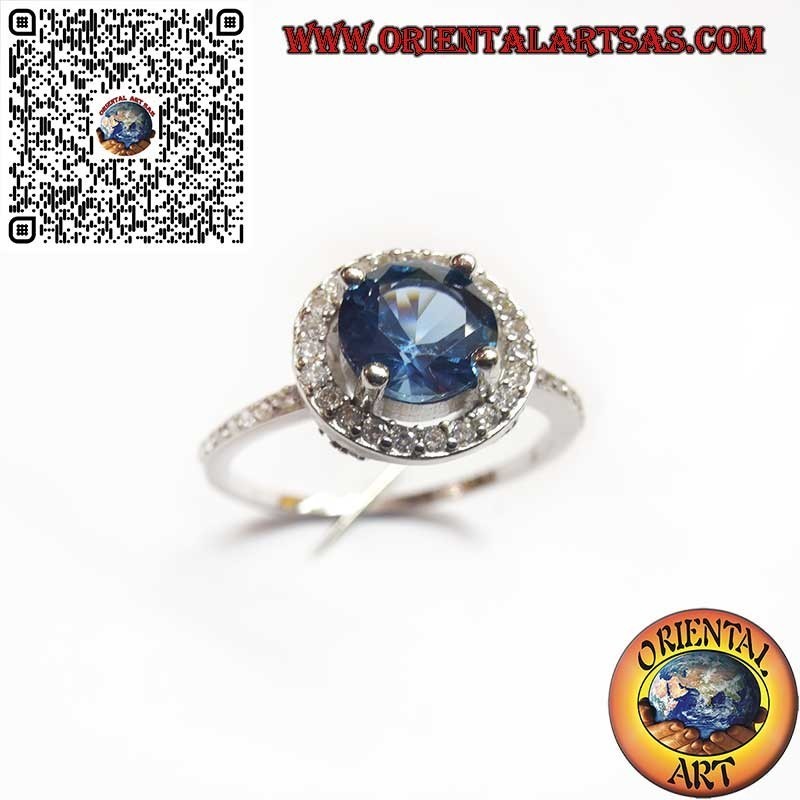 Anello Zaffiro Tondo e Zirconi in Argento 925 - Elegante Classico