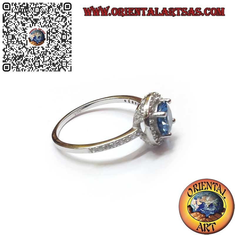 Anello Zaffiro Tondo e Zirconi in Argento 925 - Elegante Classico