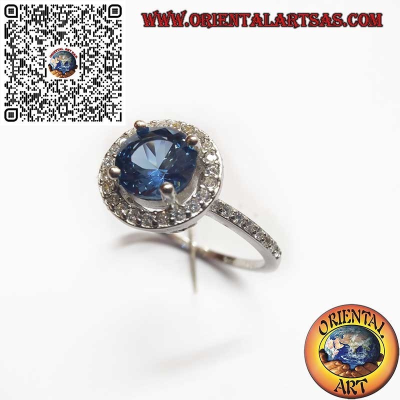 Anello Zaffiro Tondo e Zirconi in Argento 925 - Elegante Classico