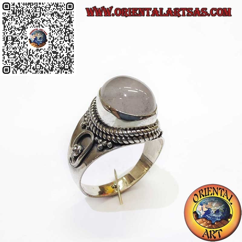Anello in Argento 925 con Quarzo Rosa Naturale a ovale, Treccia e Spirali Laterali