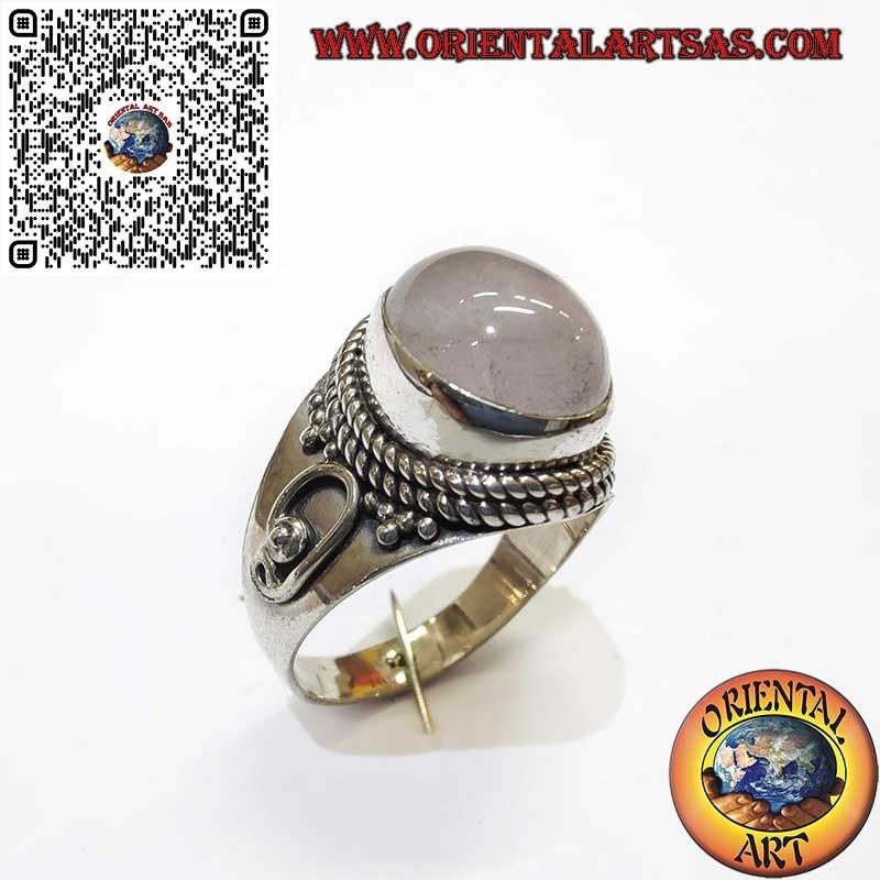 Anello in Argento 925 con Quarzo Rosa Naturale a ovale, Treccia e Spirali Laterali
