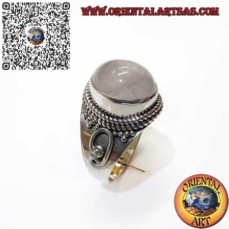 Bague en Argent 925 avec Quartz Rose Naturel – Tresse et Spirales Latérales