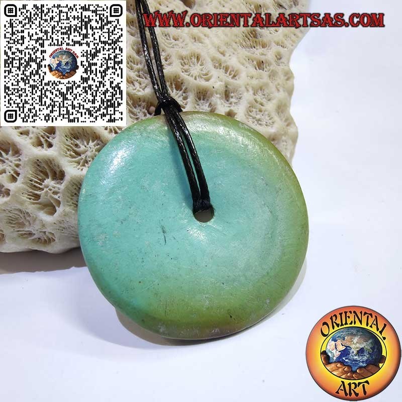 Pendentif disque/beignet turquoise tibétain antique, 42 mm. Ø longe incluse
