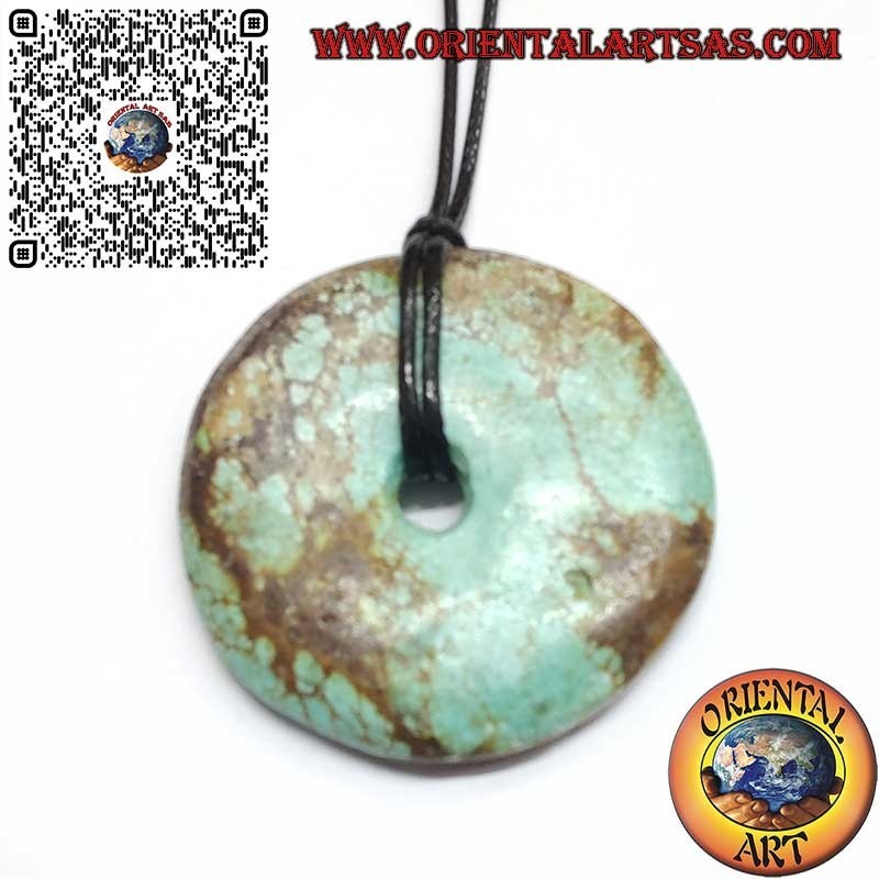 Pendentif donut en turquoise tibétaine naturelle de 35 mm Ø avec cordon