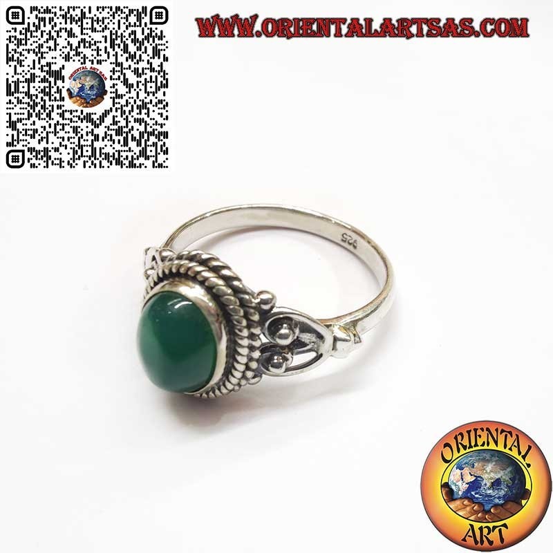 Anello Agata Verde Ovale Argento 925 - Decorazioni Laterali