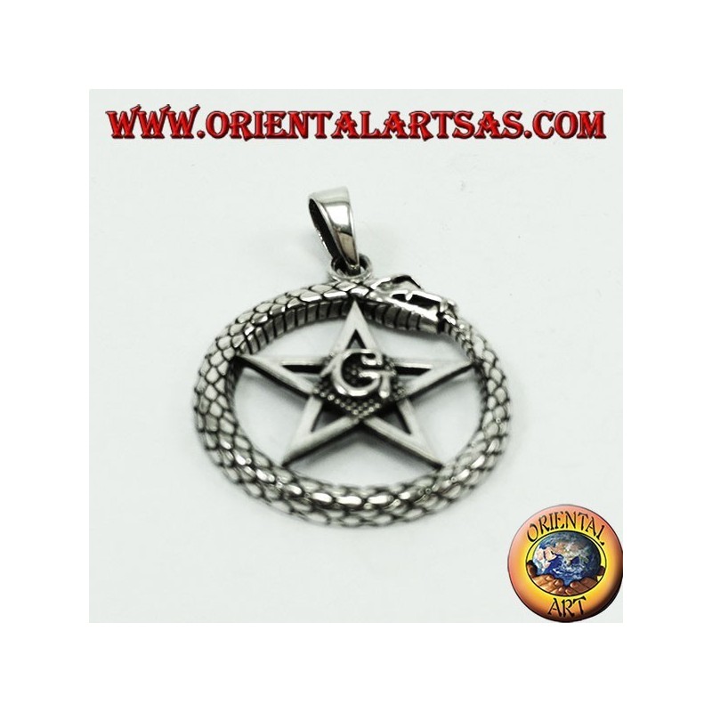 Silver Pendant, Uroboro Ouroboros with Pentacle Mason