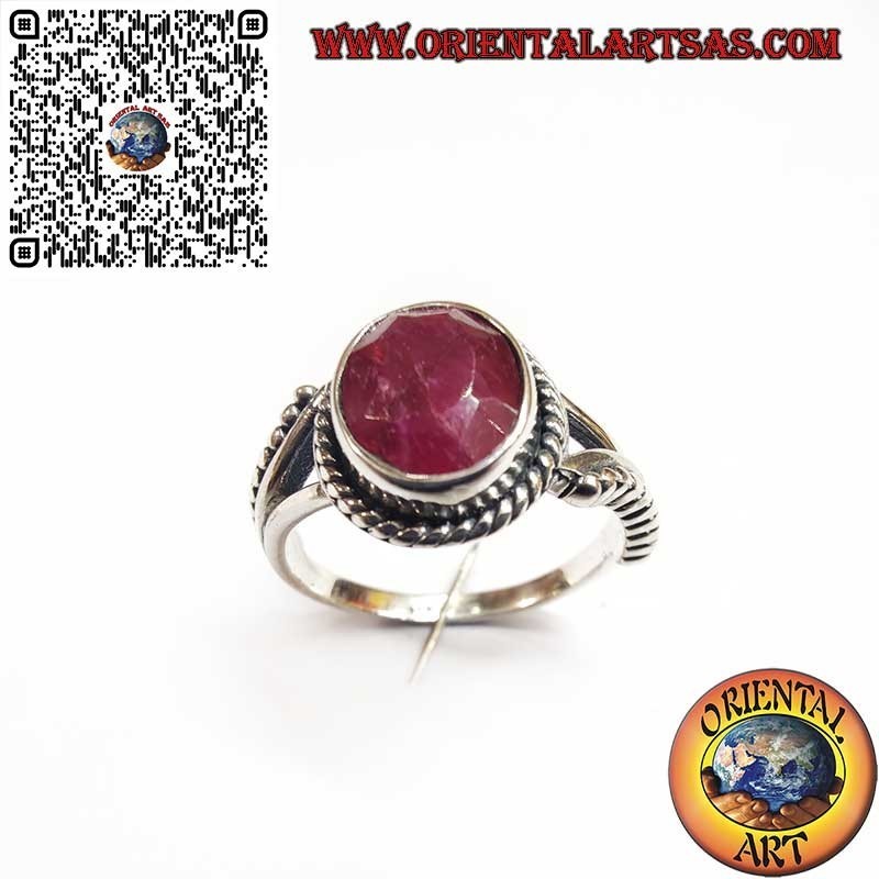 925 Silver Ring with Natural Oval Ruby, Spheres, and Decorations
