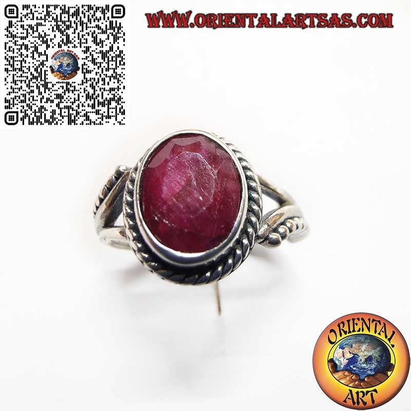 Anillo de plata 925 con Rubí Natural Ovalado, Esferas y Decoraciones