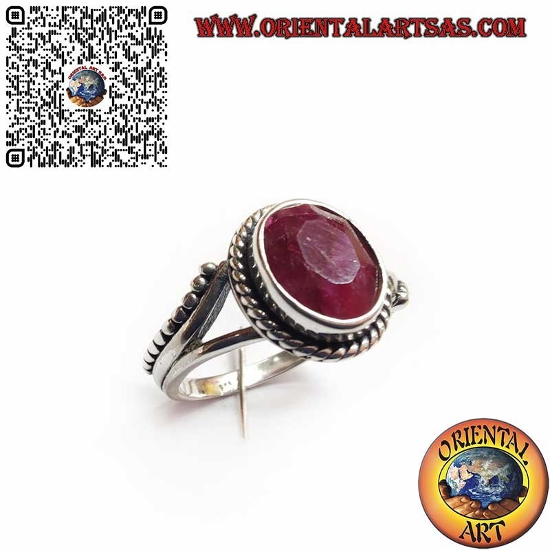 Anello in Argento 925 con Rubino Naturale, Sfere e Decorazioni