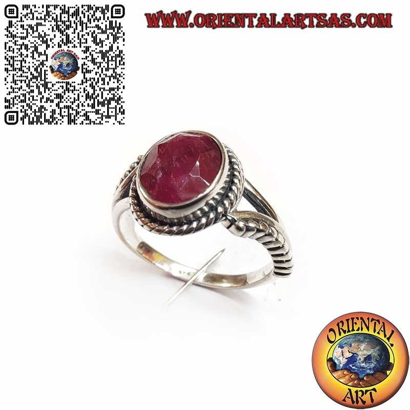 Bague en argent 925 avec Rubis Naturel Ovale, Sphères et Décorations