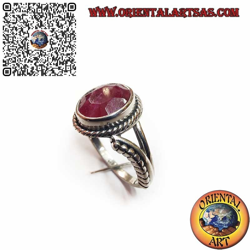 Ring aus 925er Silber mit natürlichem ovalem Rubin, Kugeln und Verzierungen
