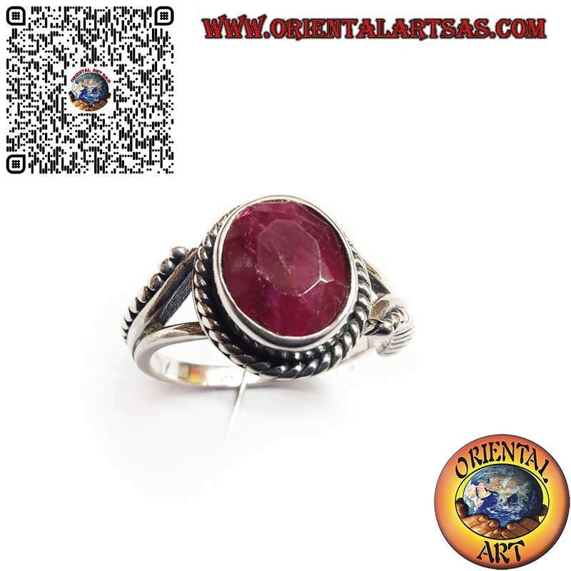 Bague en argent 925 avec Rubis Naturel Ovale, Sphères et Décorations