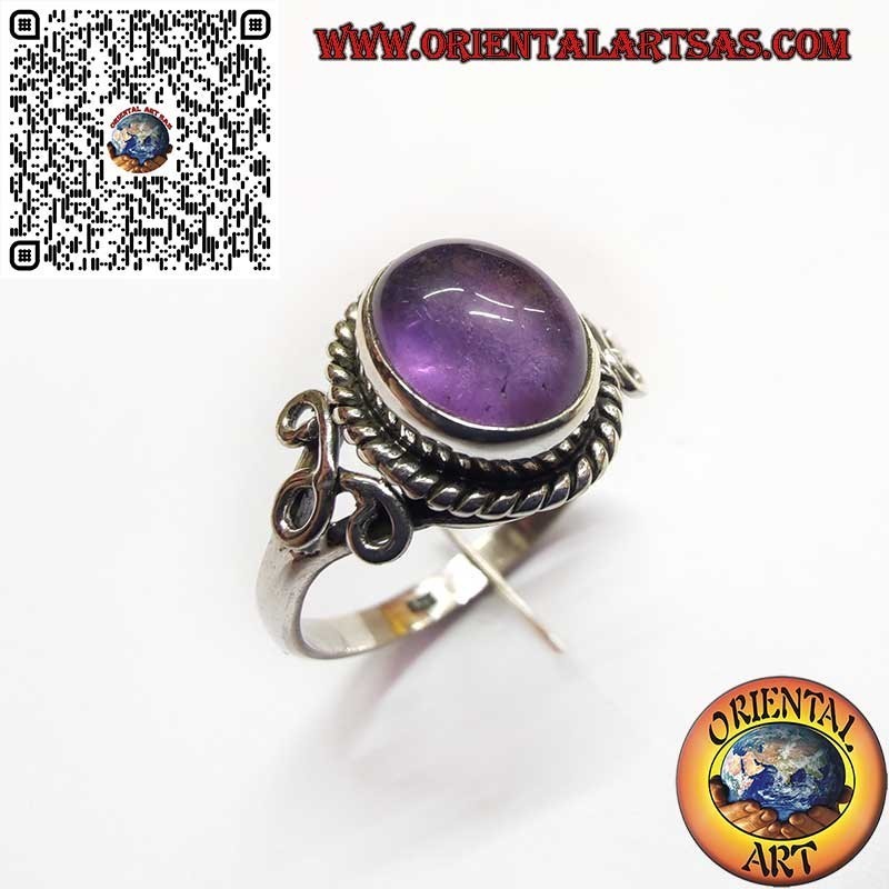 Silver Ring with Natural Oval Amethyst Cabochon and Braided Frame