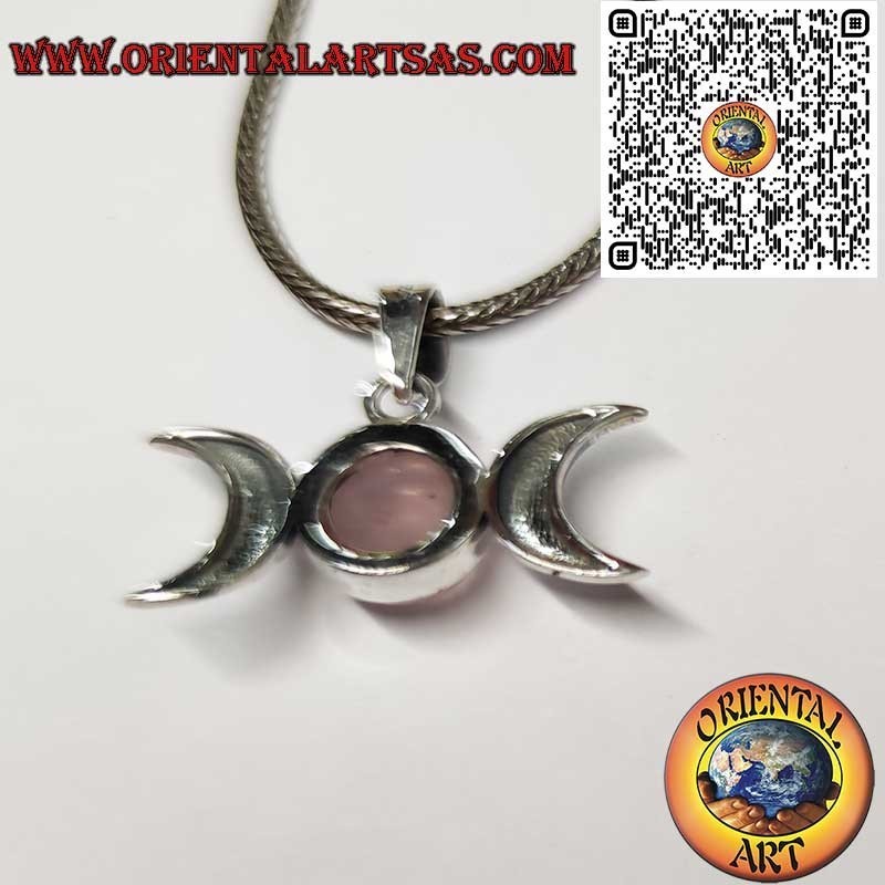925 Silber Anhänger Triple-Moon-Göttin mit Rosenquarz – Wicca-Amulett