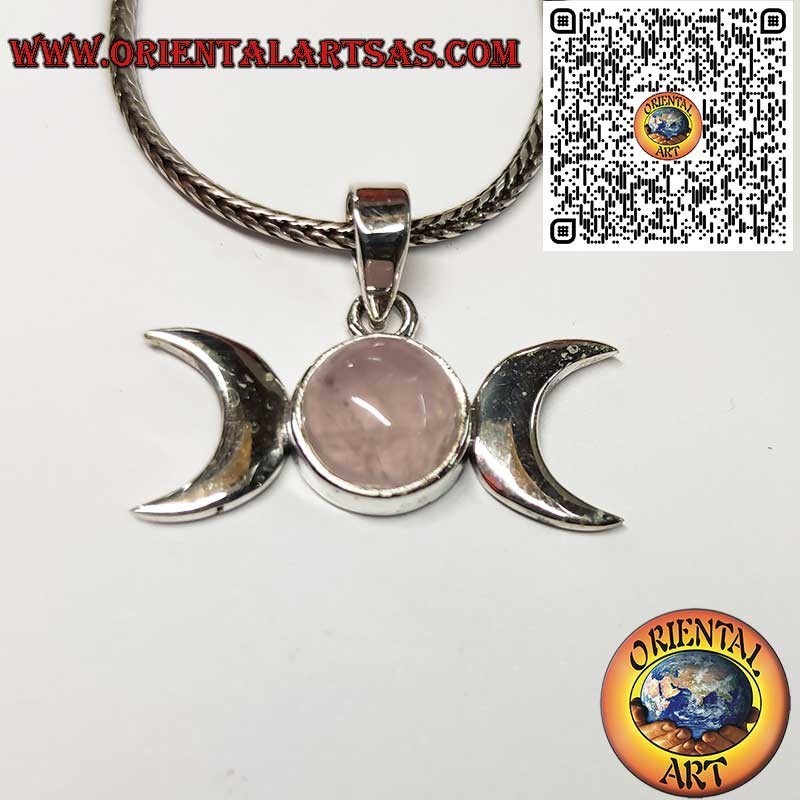 Pendentif Triple Lune en argent 925 avec quartz rose, symbole Wicca de l’énergie féminine.