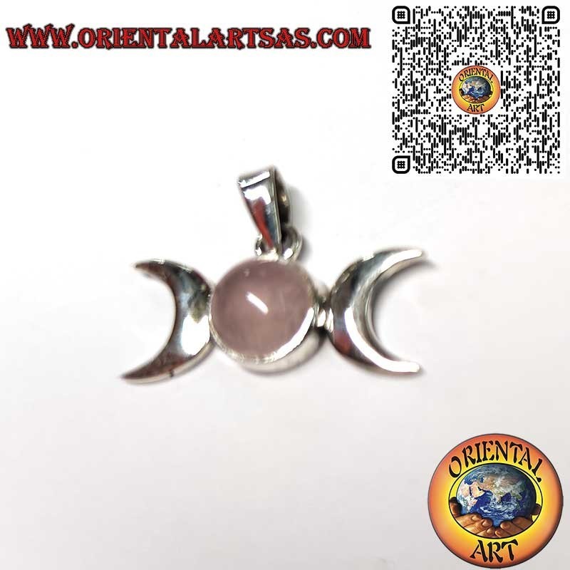 Colgante Triple Luna de Plata 925 con Cuarzo Rosa – Amuleto Wicca