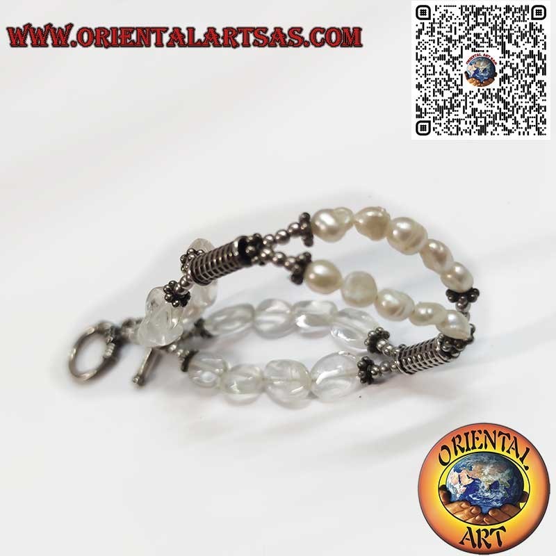 Artisanal Silver Bracelet with Freshwater Pearls and Rock Crystal