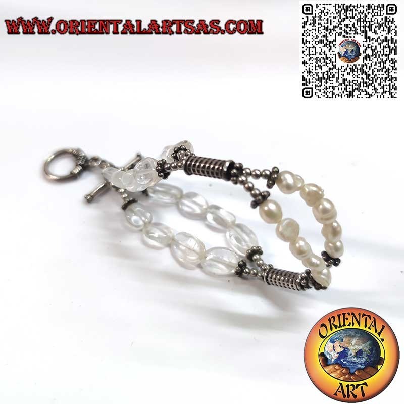 Bracciale Artigianale in Argento con Perle di Fiume e Cristallo di Rocca