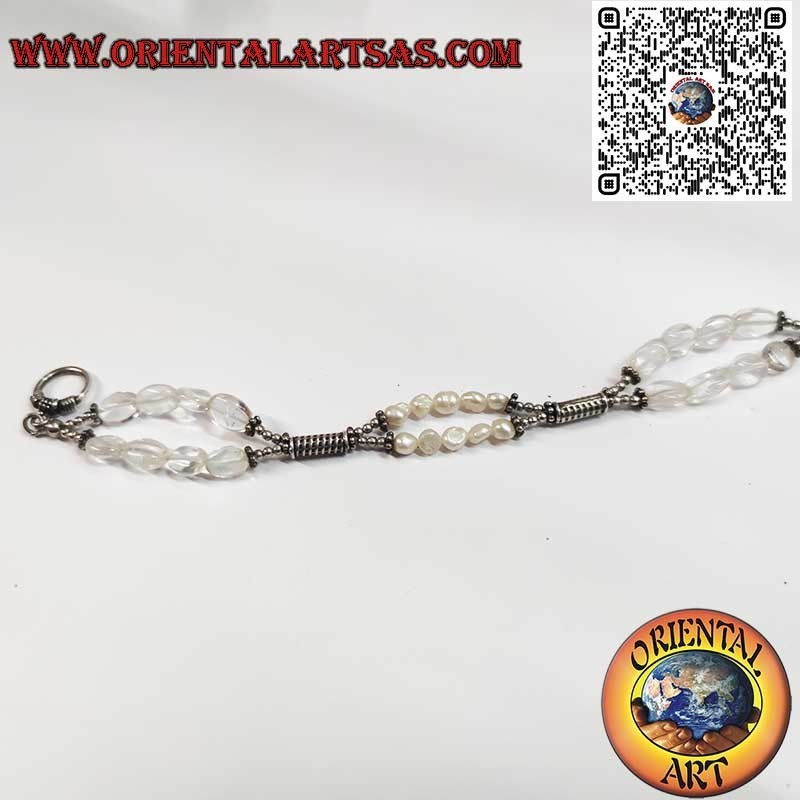 Artisanal Silver Bracelet with Freshwater Pearls and Rock Crystal