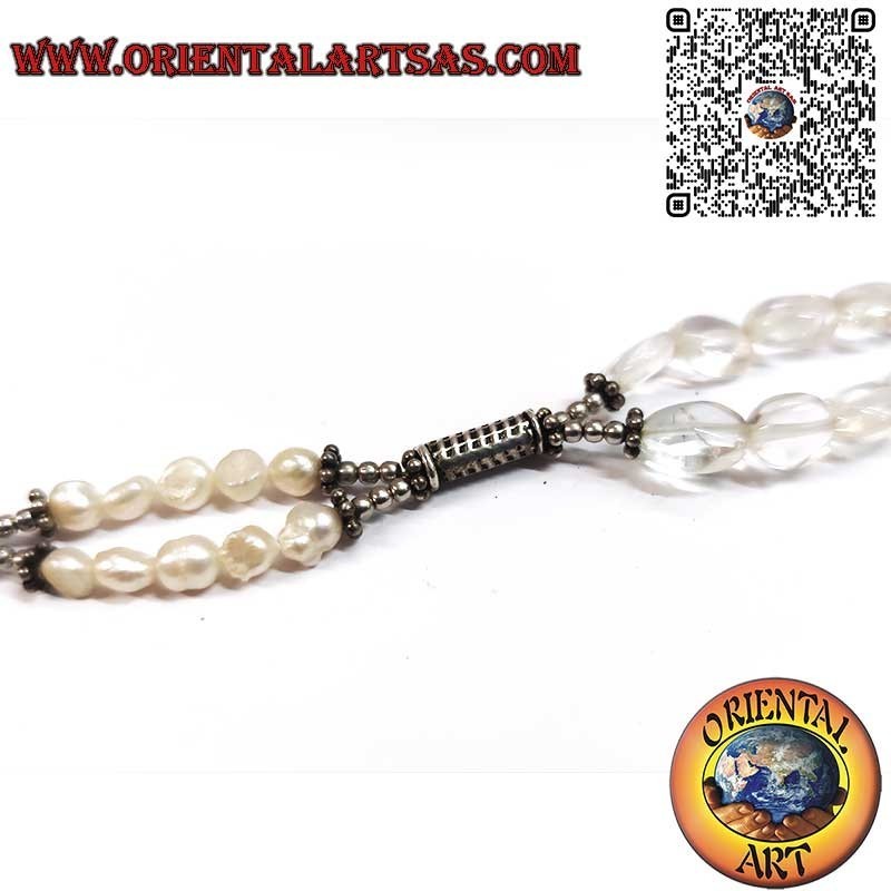 Artisanal Silver Bracelet with Freshwater Pearls and Rock Crystal