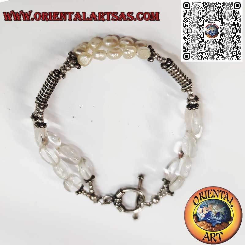 Artisanal Silver Bracelet with Freshwater Pearls and Rock Crystal