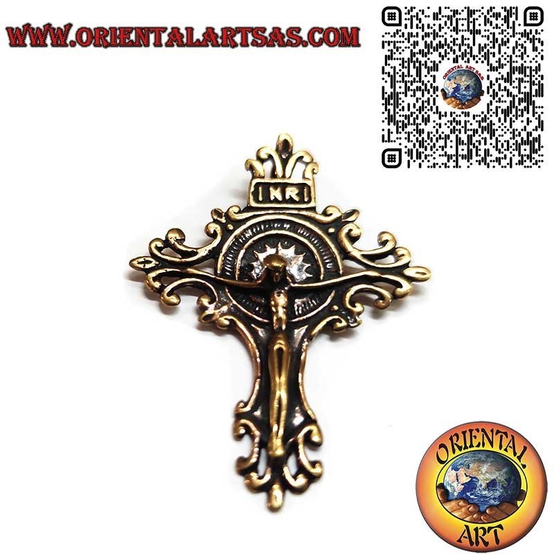 Handmade Bronze Baroque Crucifix Pendant, INRI, 42mm