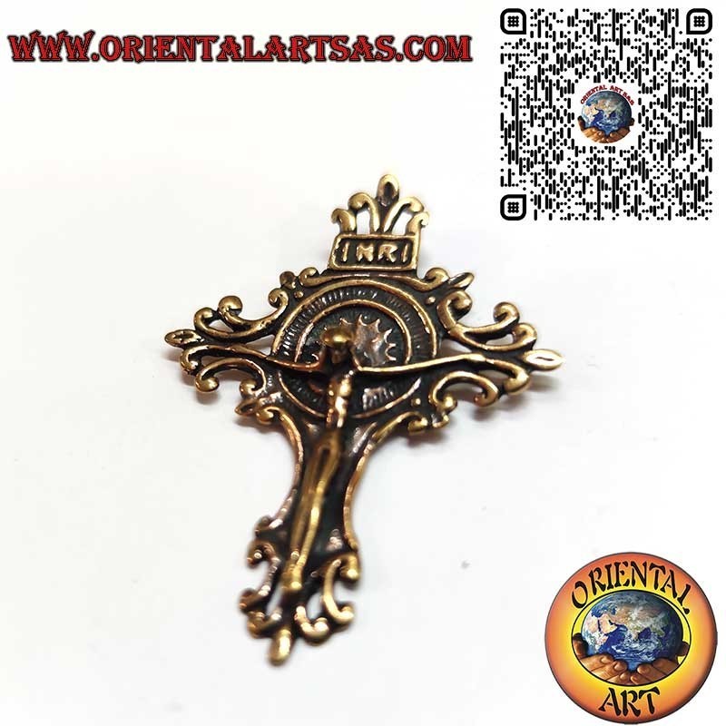 Handmade Bronze Baroque Crucifix Pendant, INRI, 42mm