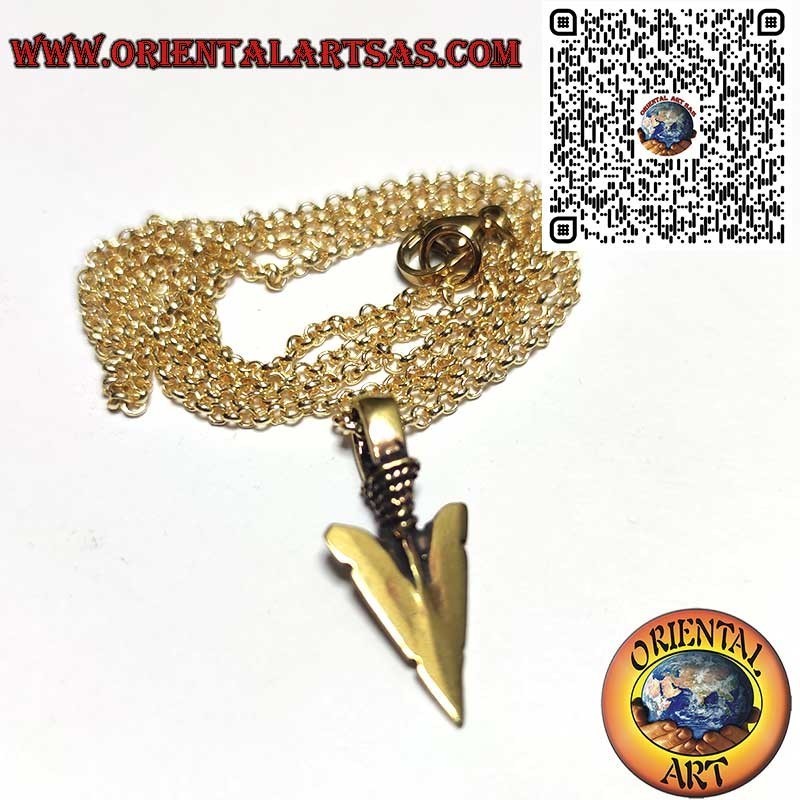 Bronze Arrowhead Pendant, Gold Steel Chain - Strength Amulet