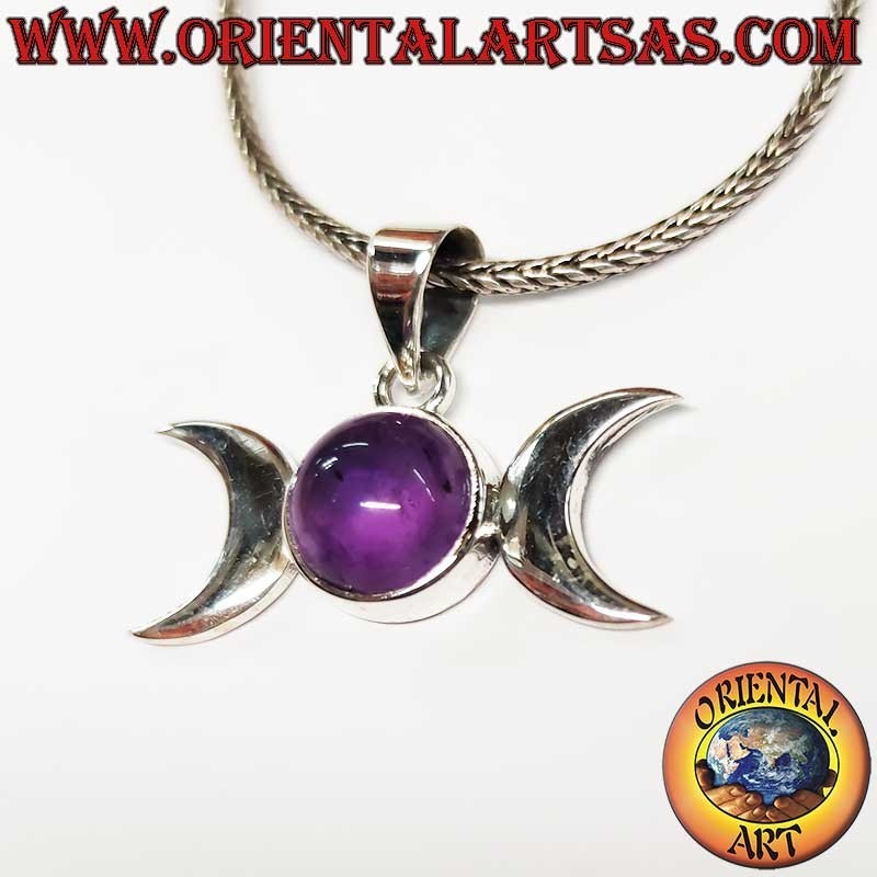 Colgante Triple Diosa Plata 925 Amatista Central - Símbolo Luna