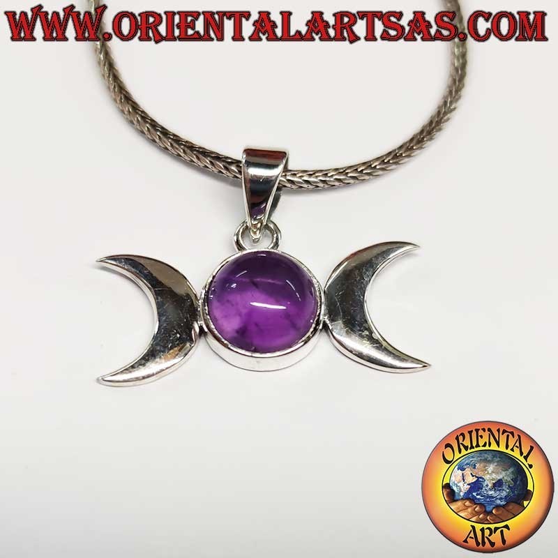 Triple Goddess Pendant Silver 925 Central Amethyst - Moon Symbol