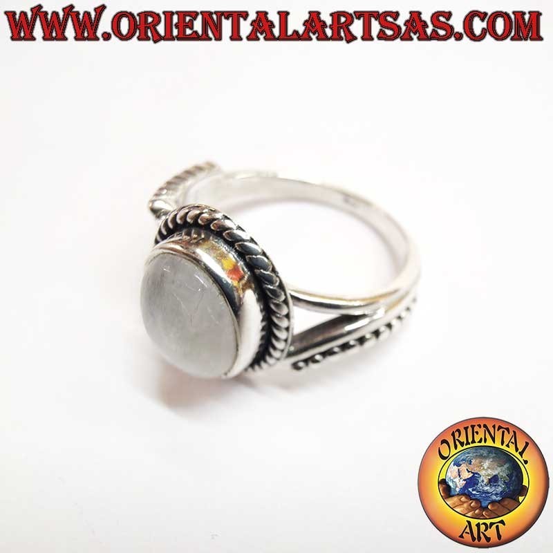 Rainbow Moonstone Oval Silver Ring - Iridescent Jewel - Asymmetrical