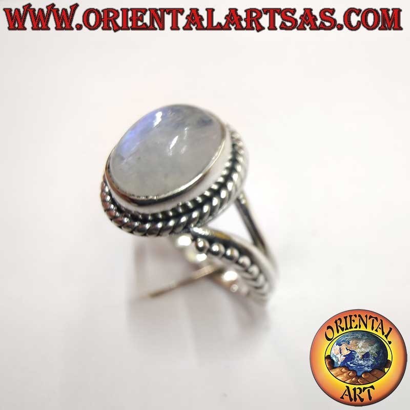 Bague en argent - Pierre de lune arc-en-ciel - Ornement asymétrique